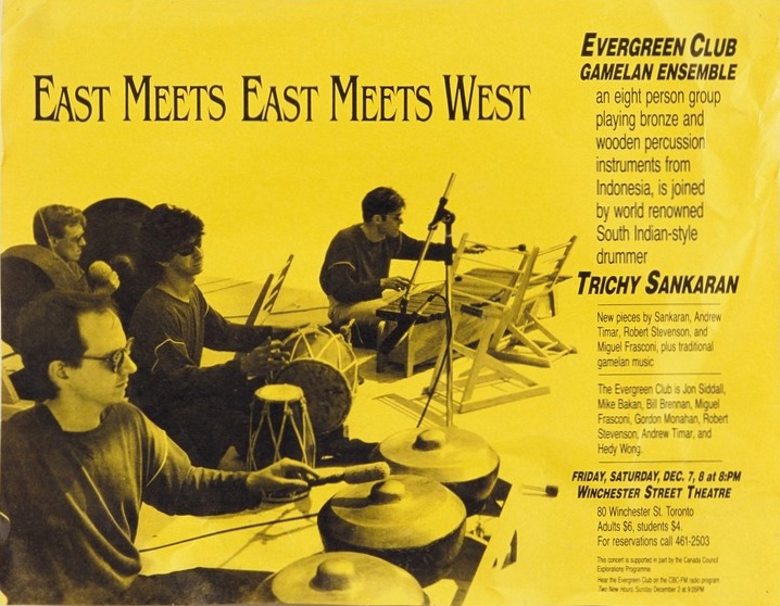 Evergreen Club Gamelan poster advertising its Dec. 1984 Toronto concerts, guest Trichy Sankaran (mrdangam & composer) by Evergreen Club Contemporary Gamelan