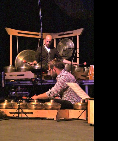 Two musicians, members of ECCG, Hudson Music Fest, Hudson, Quebec, 2012. by Evergreen Club Contemporary Gamelan