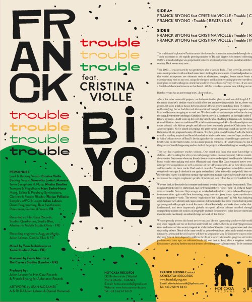 Back side (vinyl cover) \'Trouble\' Hot Casa Records by Franck Biyong